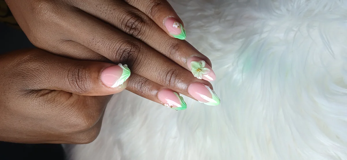 Acrylic full set stiletto shape with geometric nail art at Glit Nails